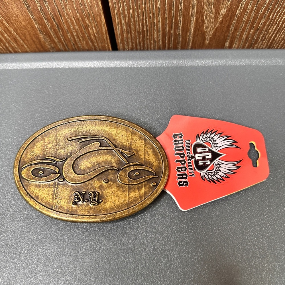 Orange County Choppers OCC Belt Buckle Gold Tone Motorcycle NY 2004 NWT 4in Y2K